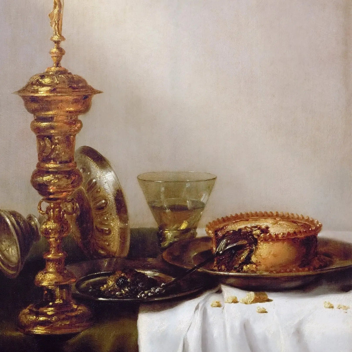 Still Life Oil Painting - Gilt Goblet, Cake and Glassware - Oil Painting Haven