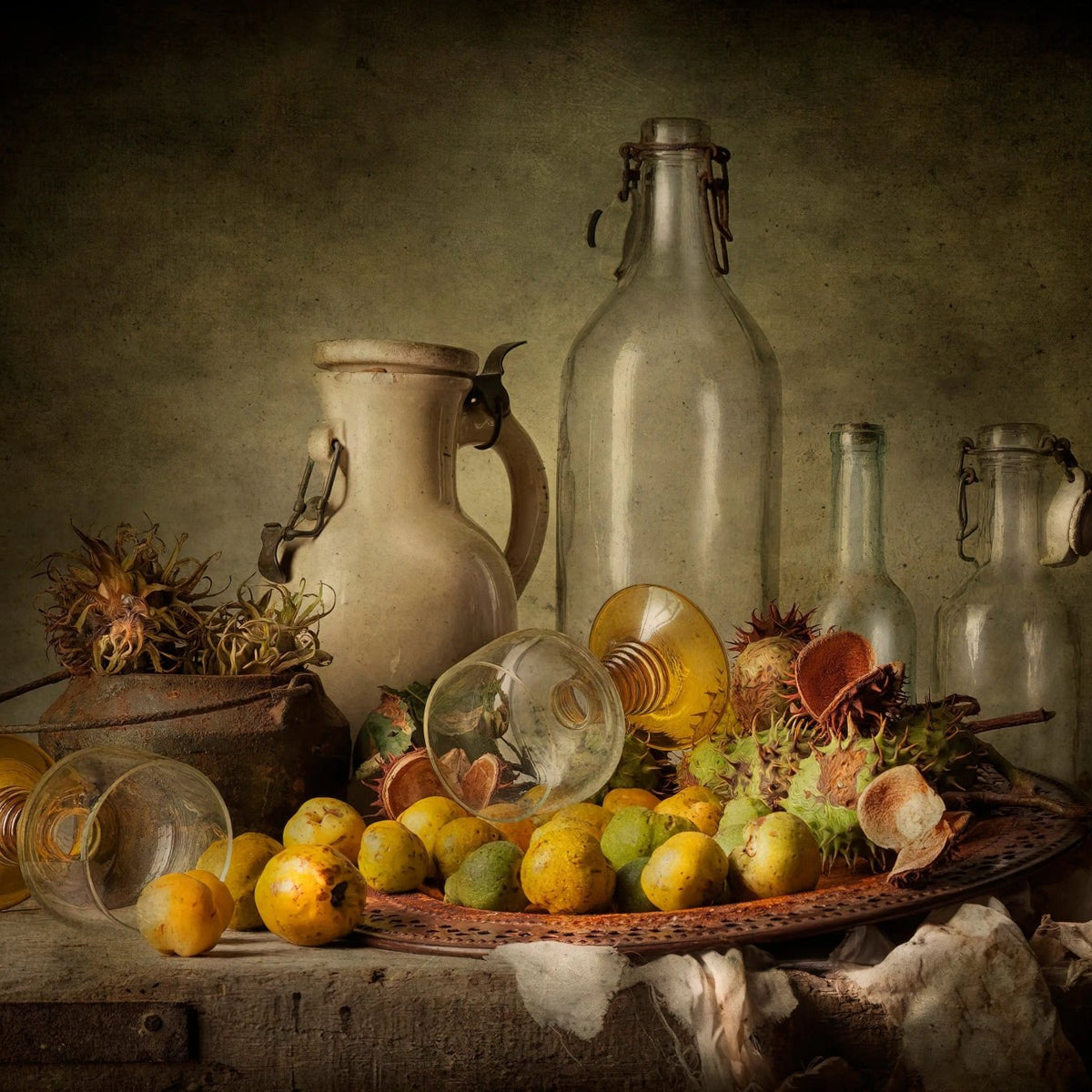 Still Life Oil Painting: Glassware, Ceramic Jug and Fruits - Oil Painting Haven