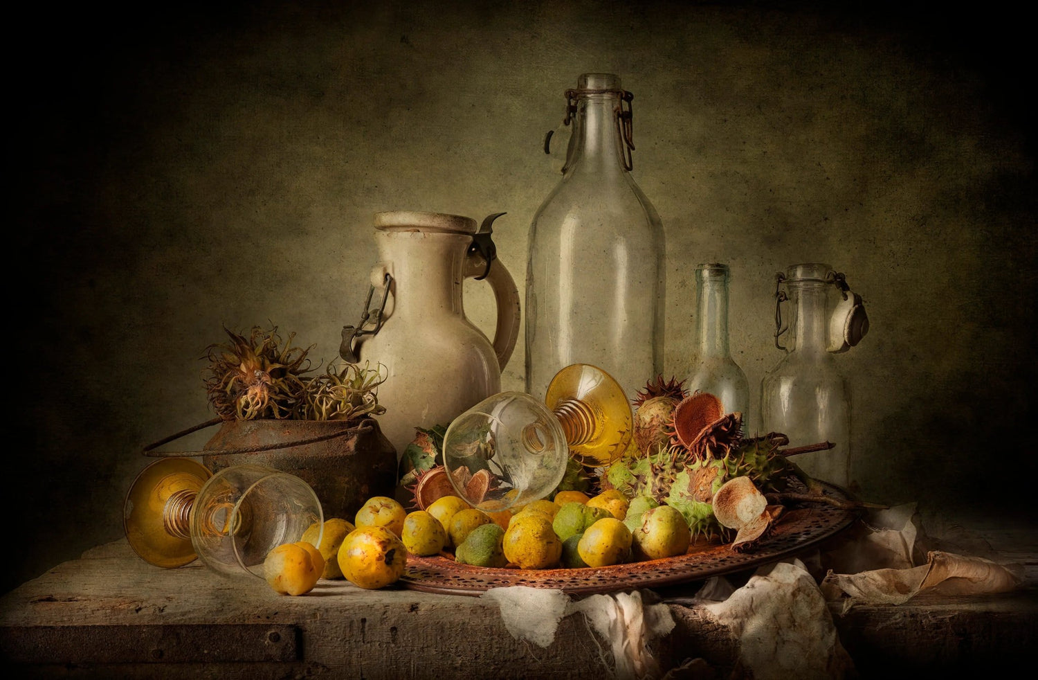 Still Life Oil Painting: Glassware, Ceramic Jug and Fruits - Oil Painting Haven