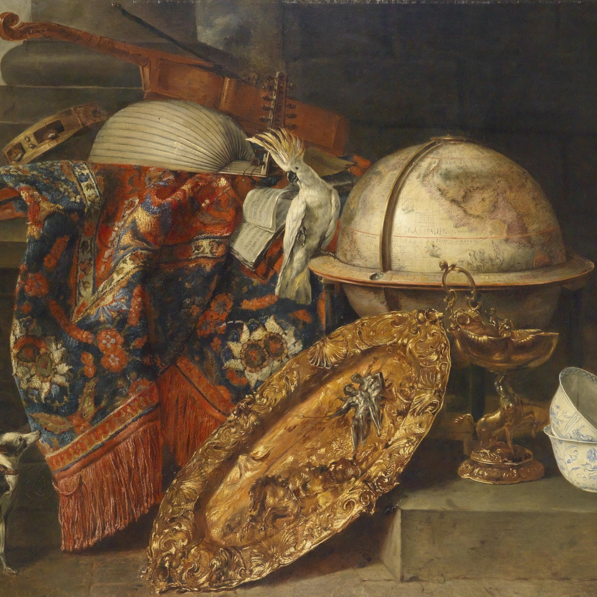 Still Life Oil Painting - Globe, Violin and Parrot - Oil Painting Haven