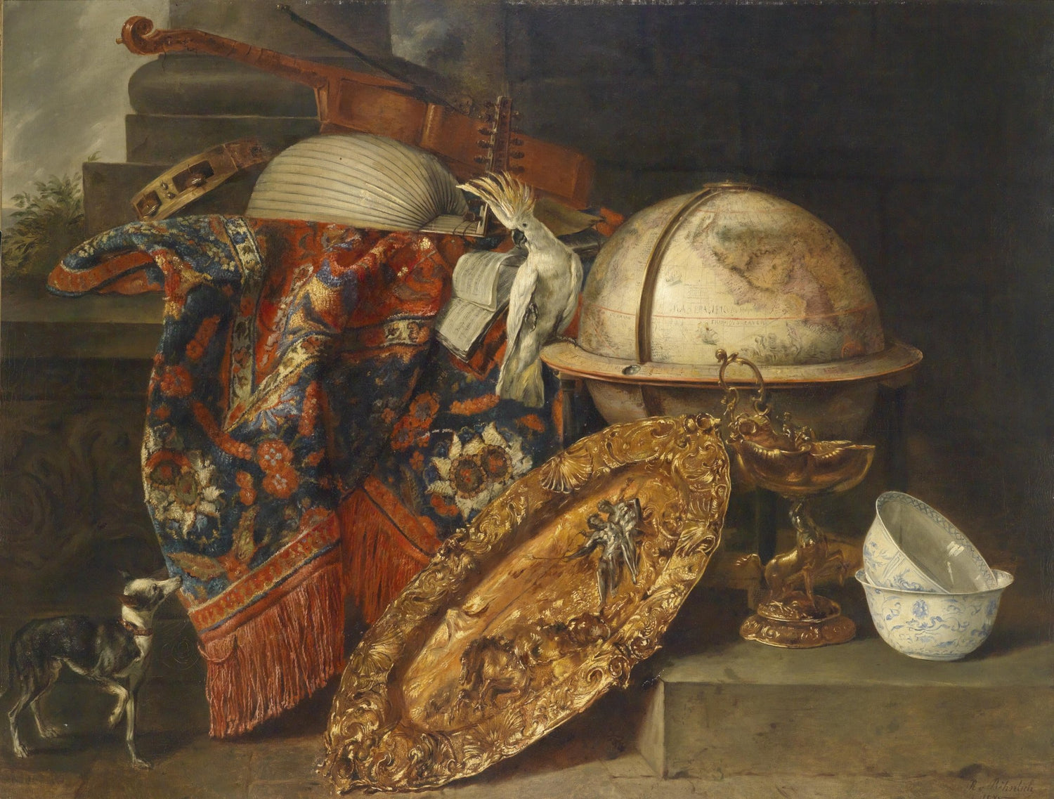 Still Life Oil Painting - Globe, Violin and Parrot - Oil Painting Haven