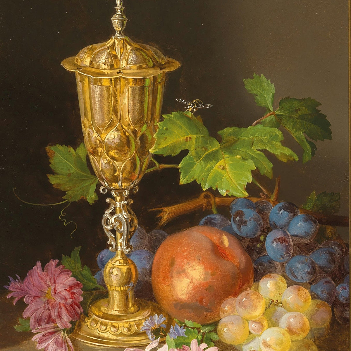 Still Life Oil Painting - Golden Goblet, Grapes and Peach - Oil Painting Haven