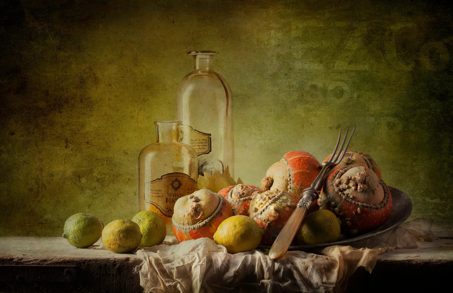 Still Life Oil Painting - Gourds, Citrus and Glass Bottles - Oil Painting Haven