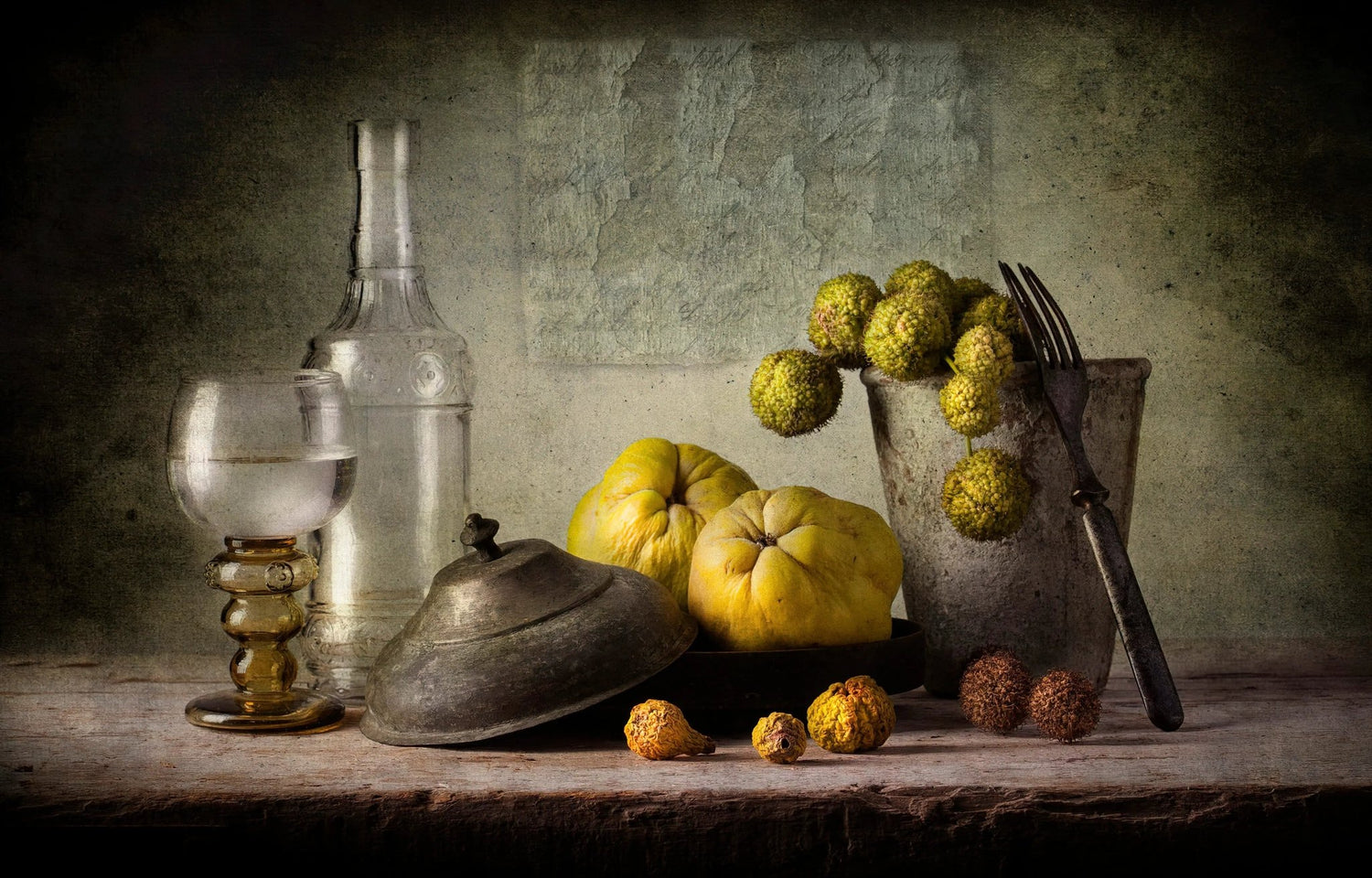 Still Life Oil Painting - Gourds, Glassware and Metalware - Oil Painting Haven