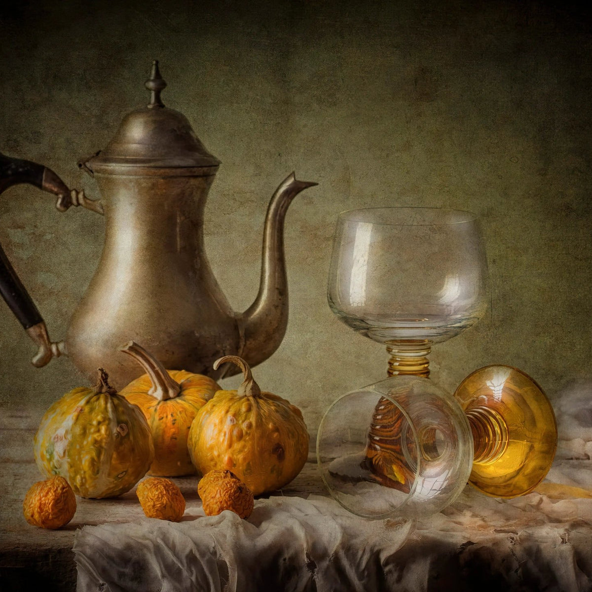 Still Life Oil Painting - Gourds, Metal Teapot and Glassware - Oil Painting Haven