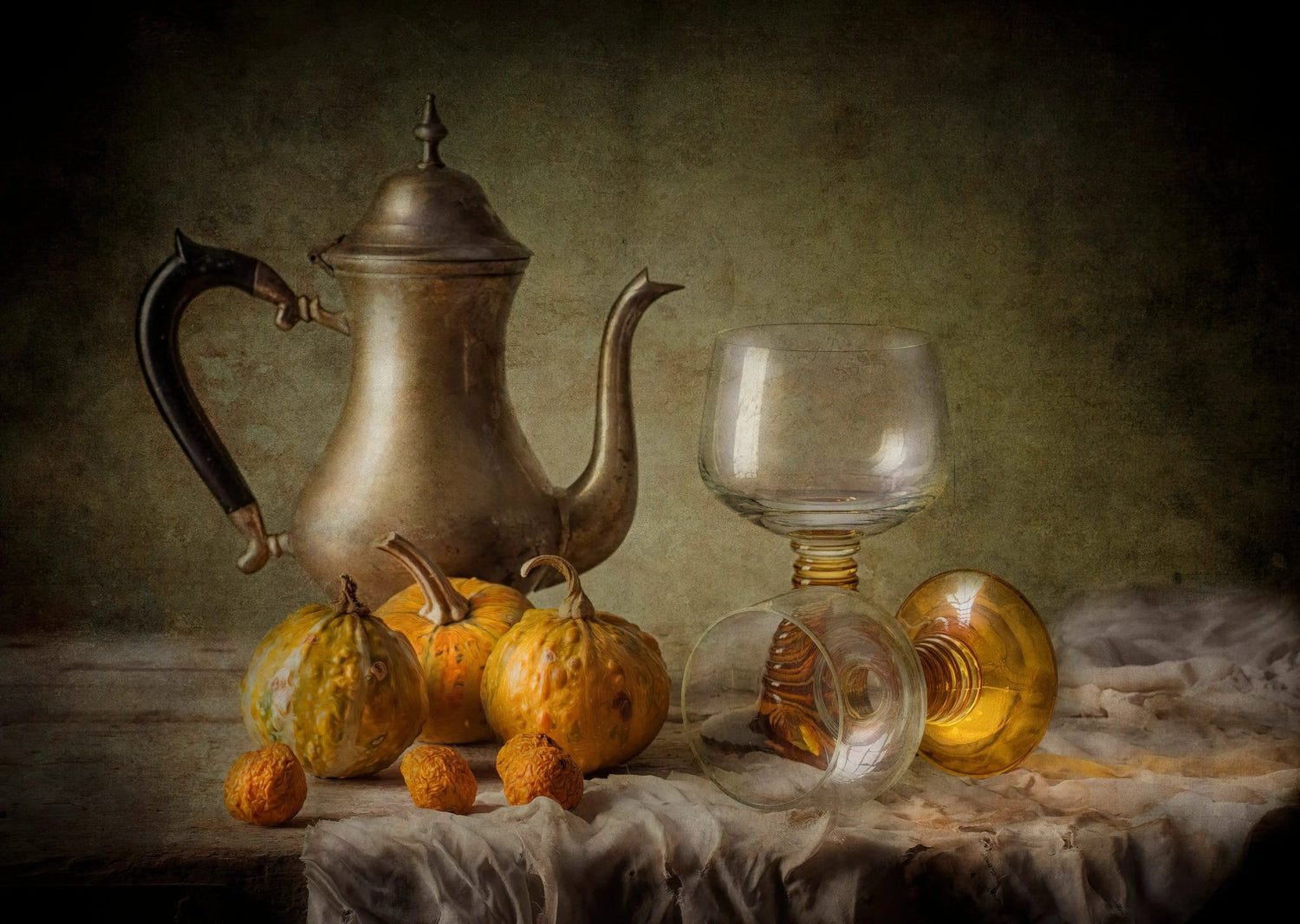 Still Life Oil Painting - Gourds, Metal Teapot and Glassware - Oil Painting Haven