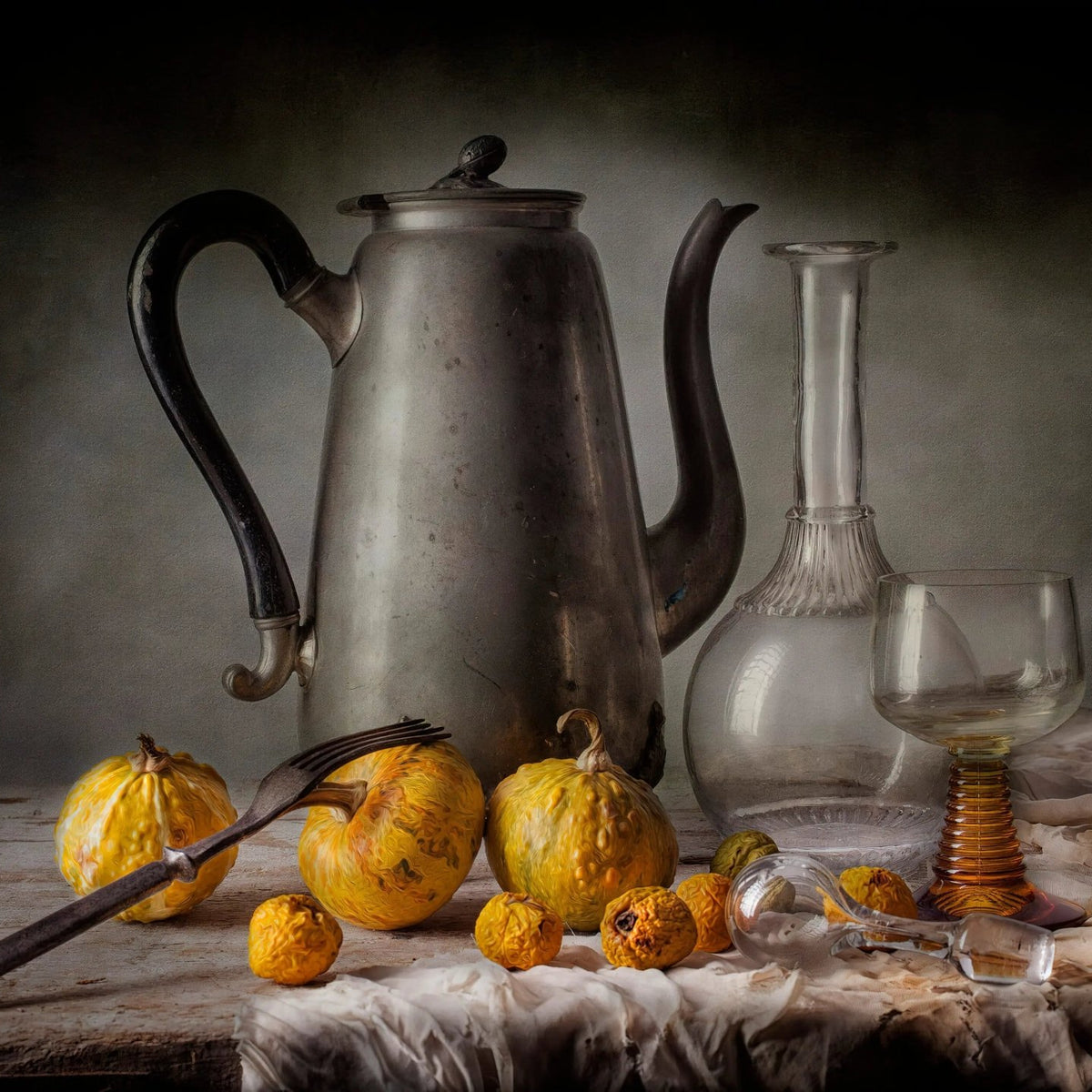 Still Life Oil Painting - Gourds, Metal Teapot and Glassware Wall Art - Oil Painting Haven