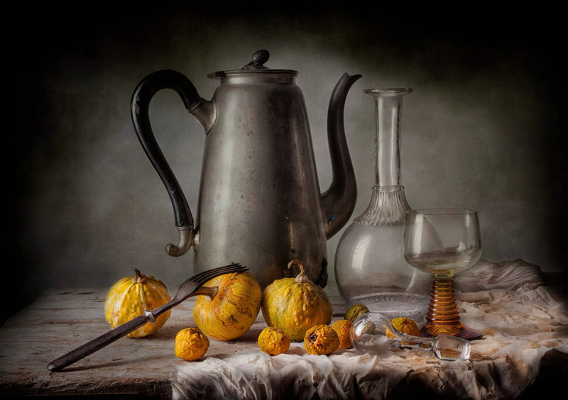 Still Life Oil Painting - Gourds, Metal Teapot and Glassware Wall Art - Oil Painting Haven