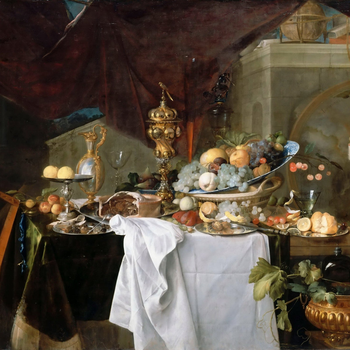 Still Life Oil Painting - Grand Feast with Fruit and Silver - Oil Painting Haven