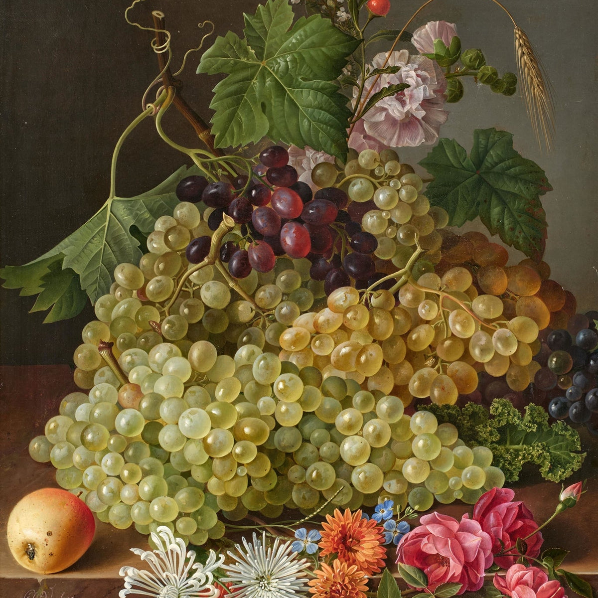 Still Life Oil Painting - Grapes and Floral Bouquet - Oil Painting Haven