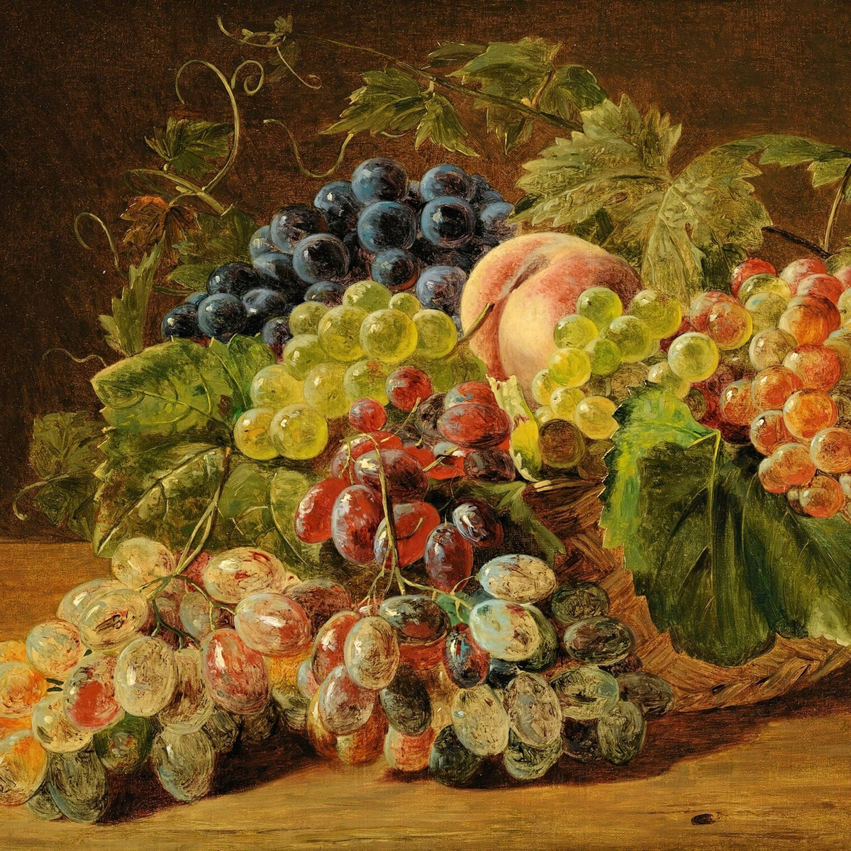 Still Life Oil Painting - Grapes and Peach in Basket - Oil Painting Haven
