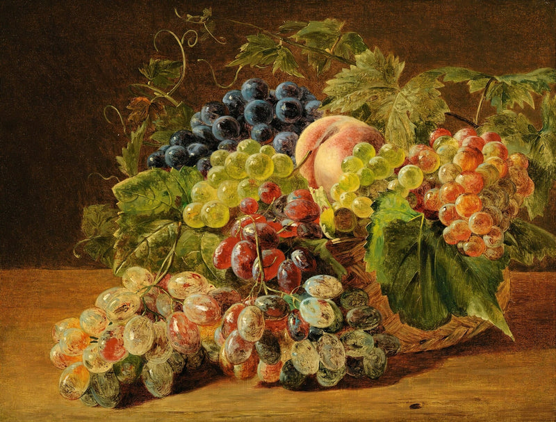 Still Life Oil Painting - Grapes and Peach in Basket - Oil Painting Haven
