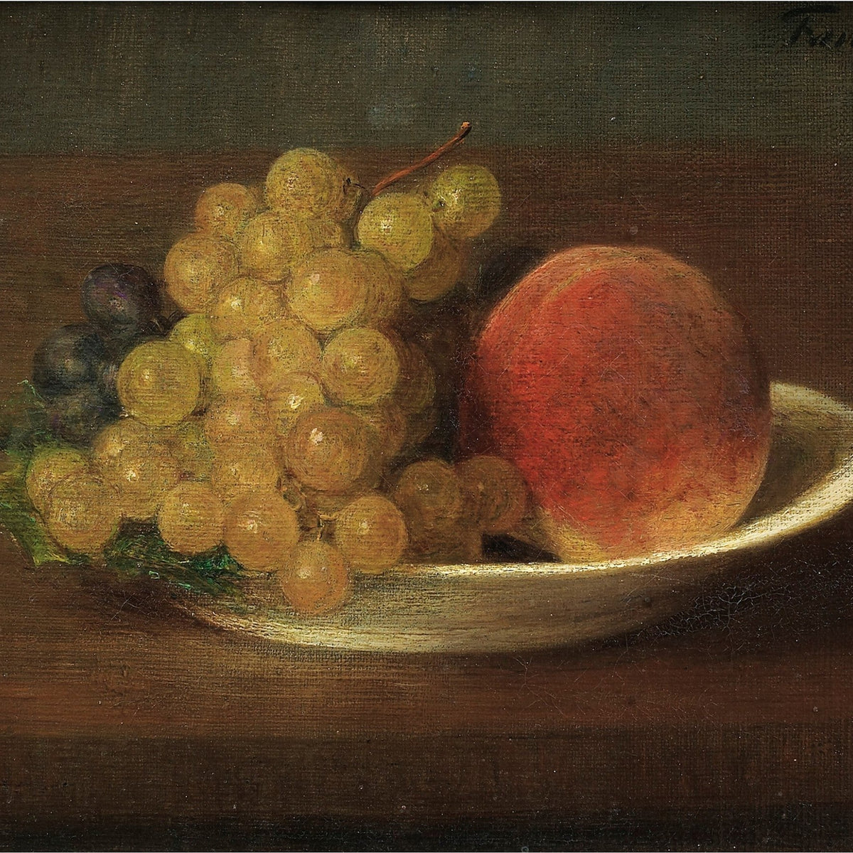 Still Life Oil Painting - Grapes and Peach on Plate - Oil Painting Haven