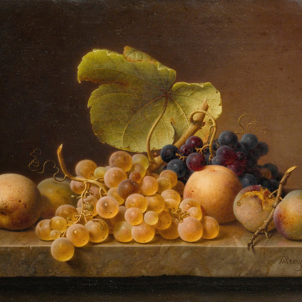 Still Life Oil Painting - Grapes and Peaches on Marble - Oil Painting Haven