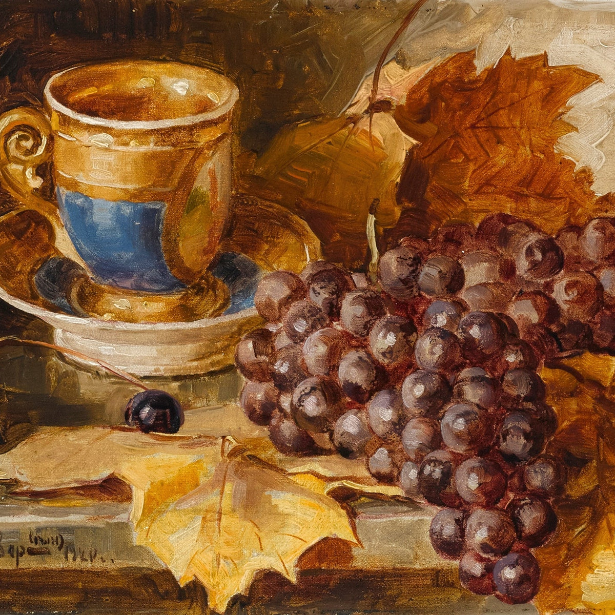 Still Life Oil Painting - Grapes and Teacup - Oil Painting Haven