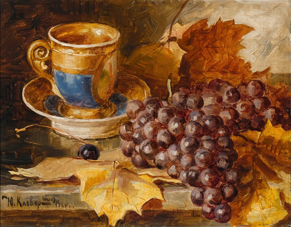 Still Life Oil Painting - Grapes and Teacup - Oil Painting Haven