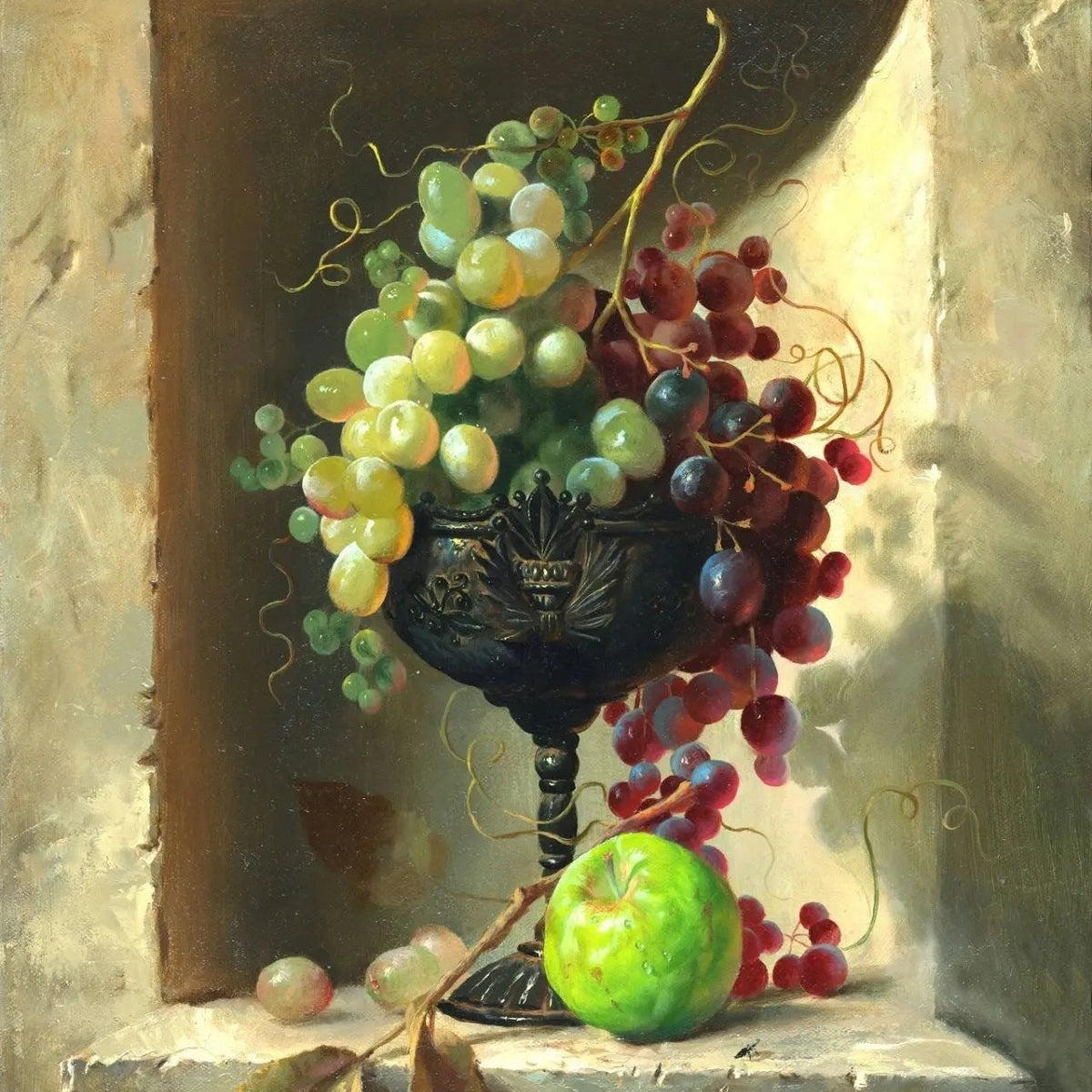 Still Life Oil Painting - Grapes, Apple in Ornate Goblet - Oil Painting Haven