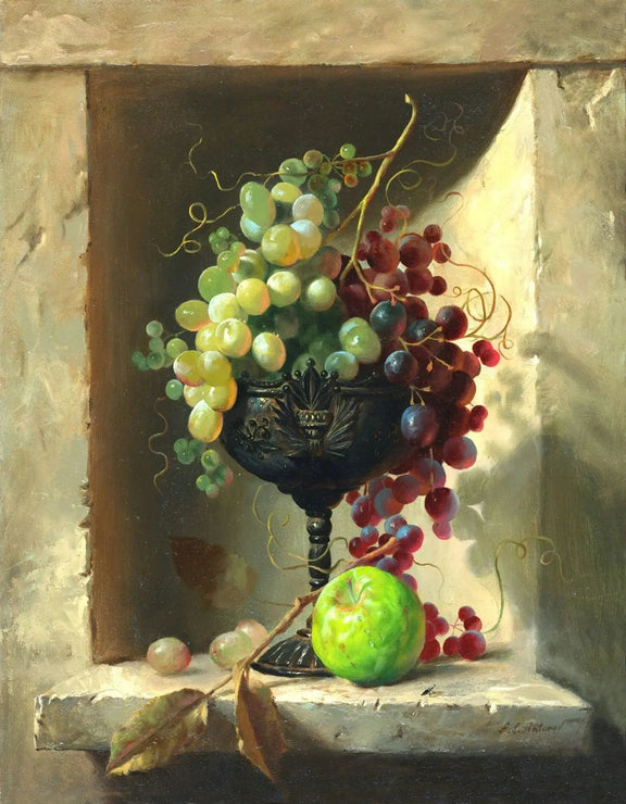 Still Life Oil Painting - Grapes, Apple in Ornate Goblet - Oil Painting Haven
