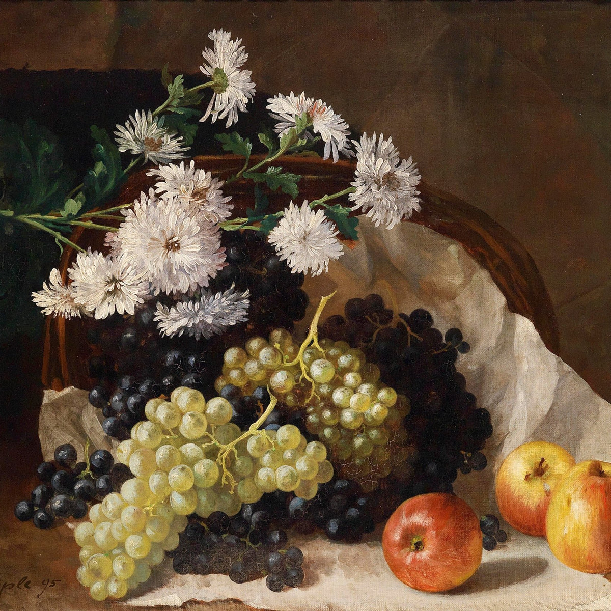 Still Life Oil Painting - Grapes, Apples and Flowers - Oil Painting Haven