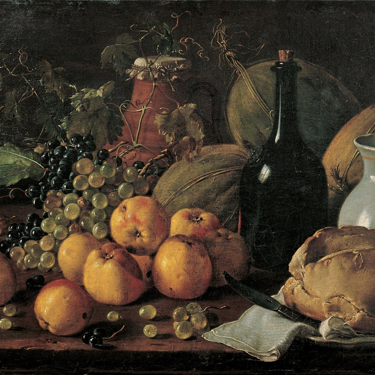 Still Life Oil Painting - Grapes, Apples and Rustic Bread - Oil Painting Haven