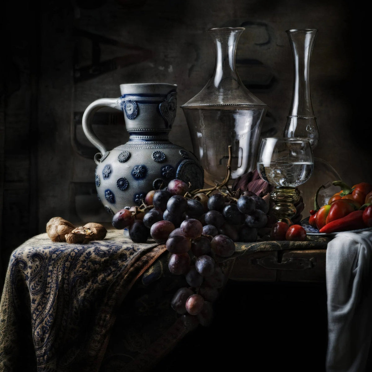 Still Life Oil Painting - Grapes, Ceramics and Glassware - Oil Painting Haven