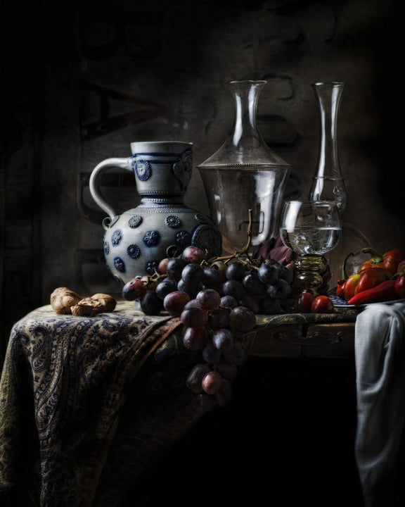 Still Life Oil Painting - Grapes, Ceramics and Glassware - Oil Painting Haven