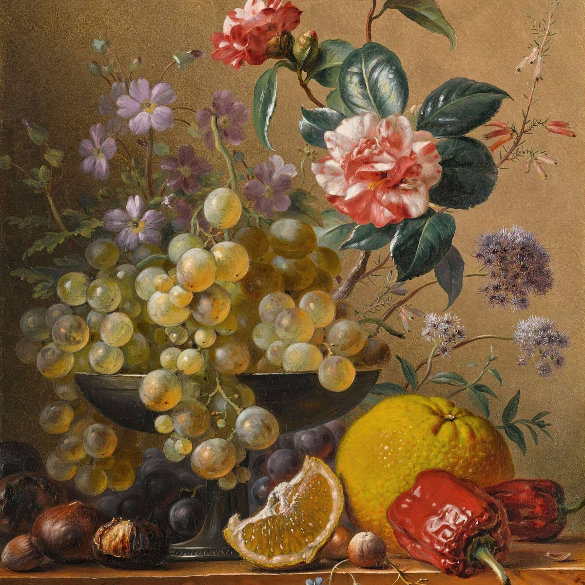 Still Life Oil Painting - Grapes, Citrus and Flowers - Oil Painting Haven