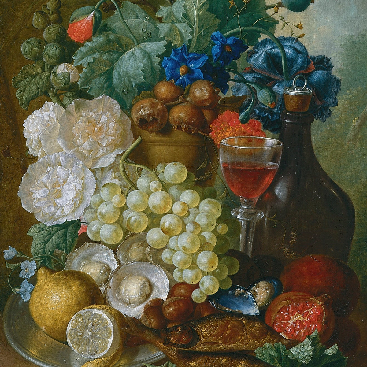 Still Life Oil Painting - Grapes, Fish and Wine - Oil Painting Haven