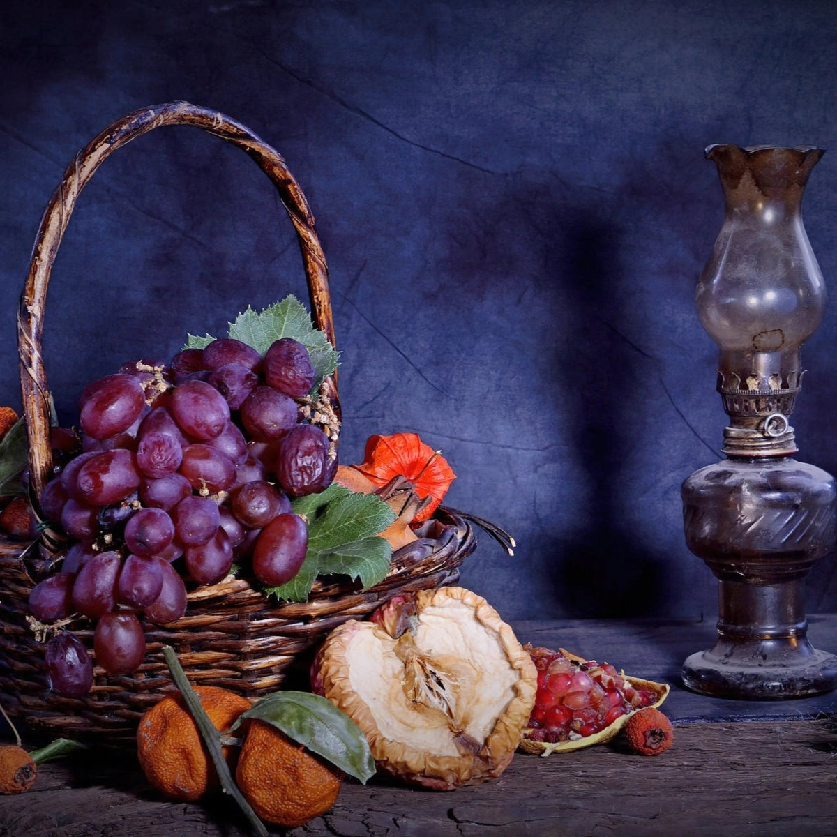Still Life Oil Painting - Grapes, Fruits and Vintage Lamp - Oil Painting Haven