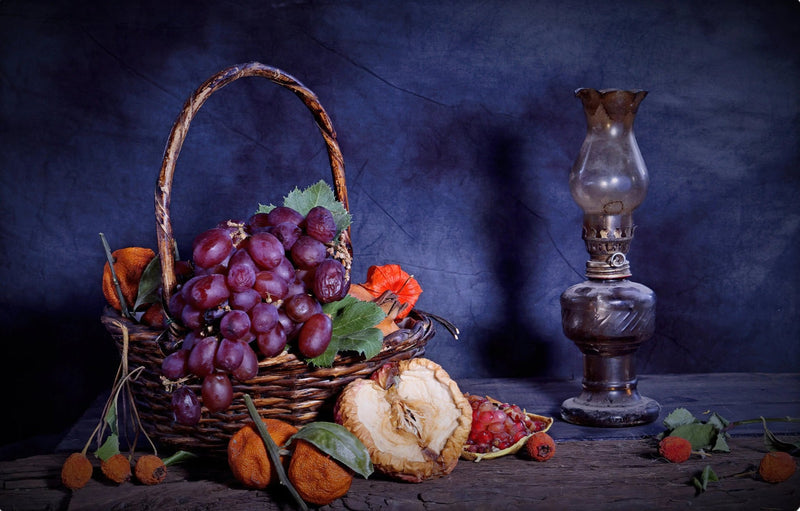 Still Life Oil Painting - Grapes, Fruits and Vintage Lamp - Oil Painting Haven