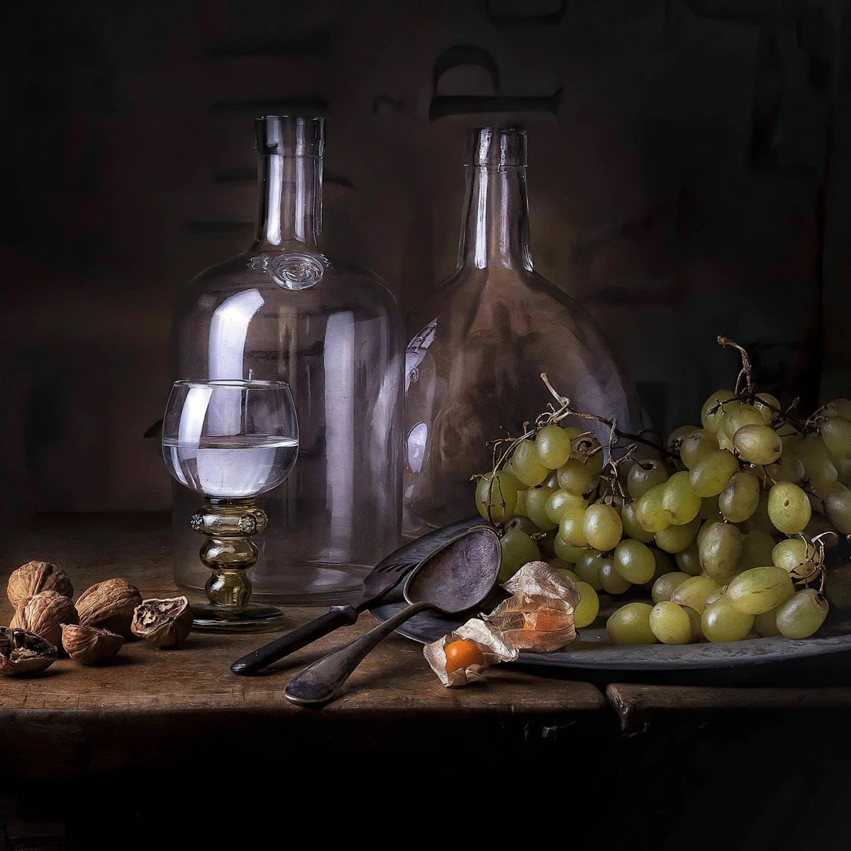 Still Life Oil Painting - Grapes, Glassware and Vintage Utensils - Oil Painting Haven