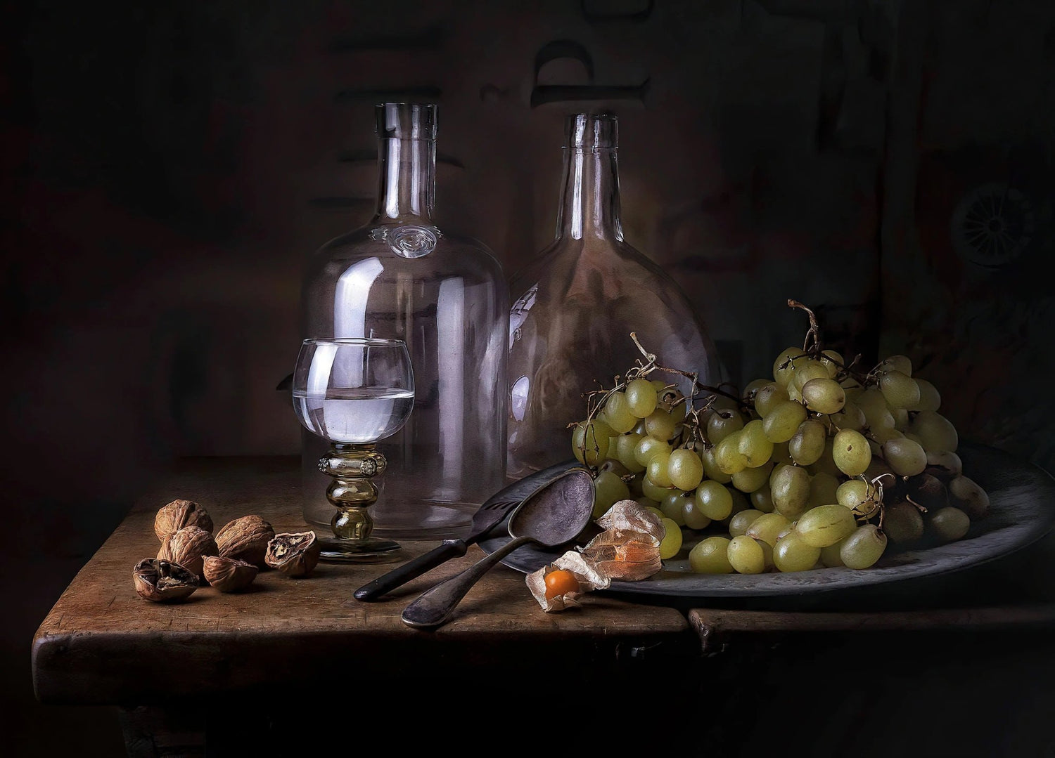 Still Life Oil Painting - Grapes, Glassware and Vintage Utensils - Oil Painting Haven