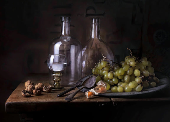 Still Life Oil Painting - Grapes, Glassware and Vintage Utensils - Oil Painting Haven