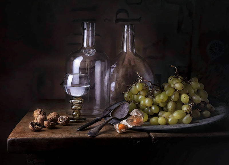 Still Life Oil Painting - Grapes, Glassware and Vintage Utensils - Oil Painting Haven