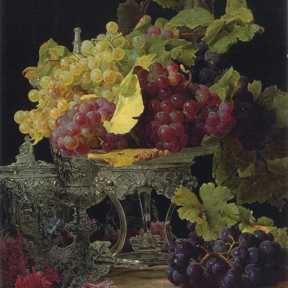 Still Life Oil Painting - Grapes in Ornate Silver Vessel - Oil Painting Haven