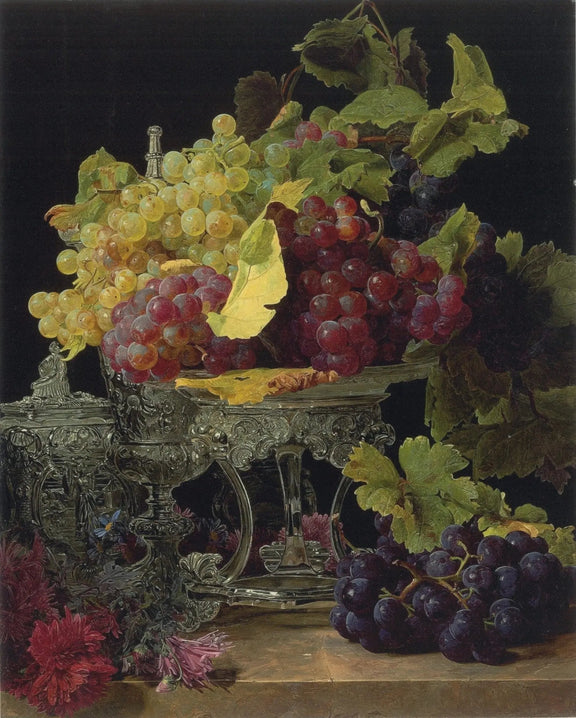 Still Life Oil Painting - Grapes in Ornate Silver Vessel - Oil Painting Haven