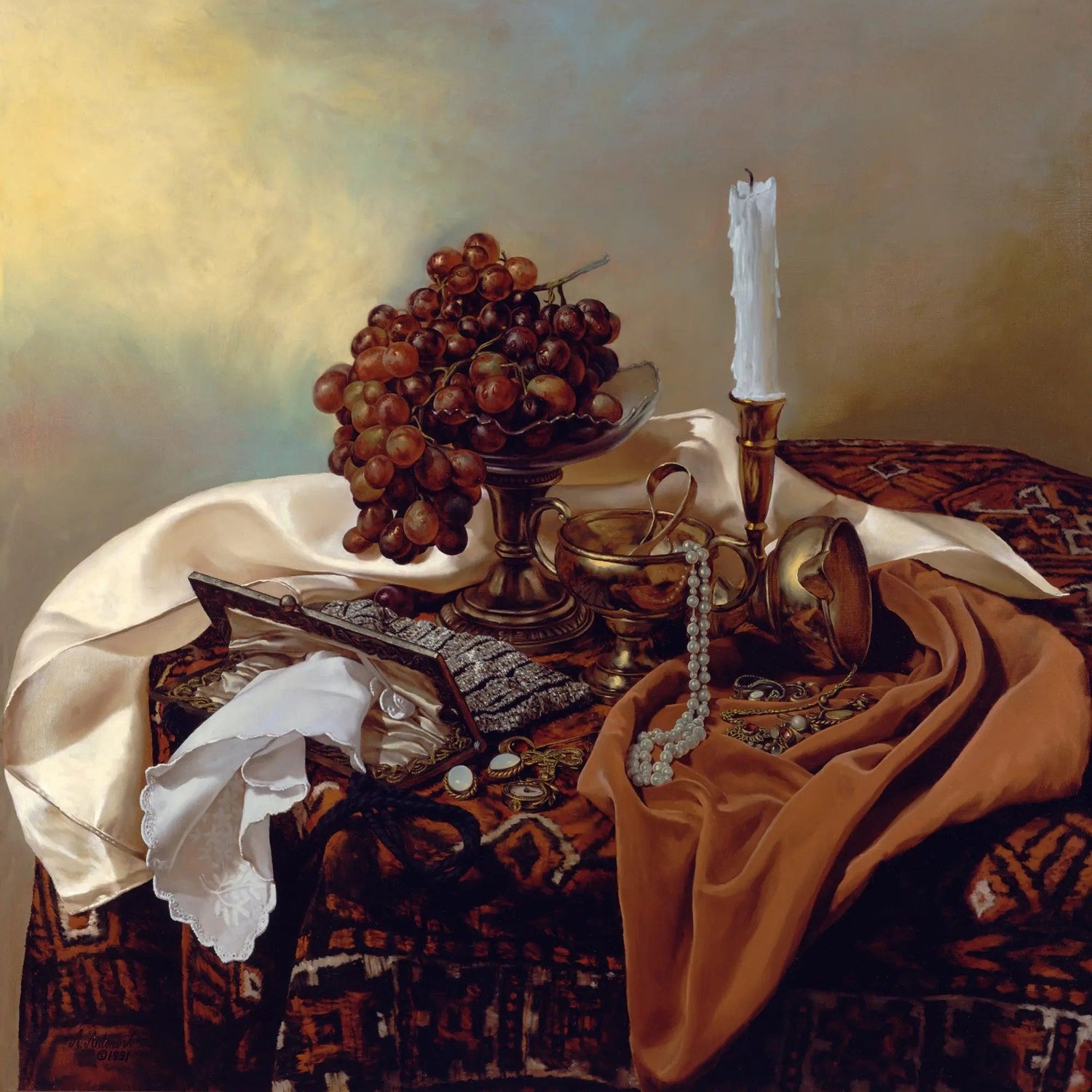 Still Life Oil Painting - Grapes, Jewelry and Candle - Oil Painting Haven