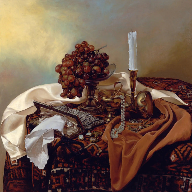 Still Life Oil Painting - Grapes, Jewelry and Candle - Oil Painting Haven