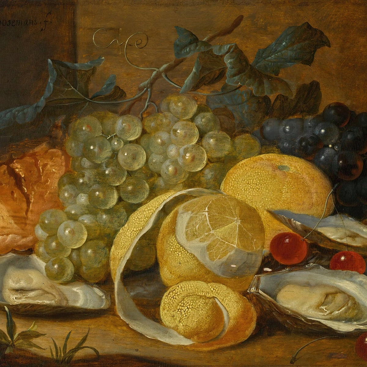Still Life Oil Painting - Grapes, Lemon and Oysters - Oil Painting Haven