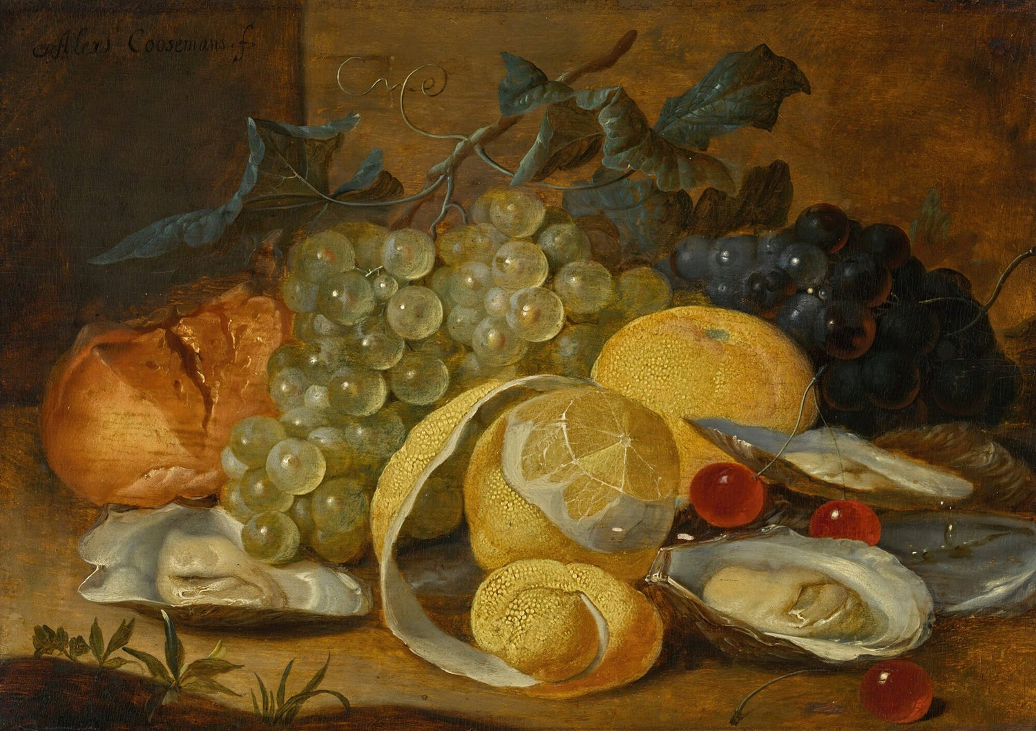 Still Life Oil Painting - Grapes, Lemon and Oysters - Oil Painting Haven