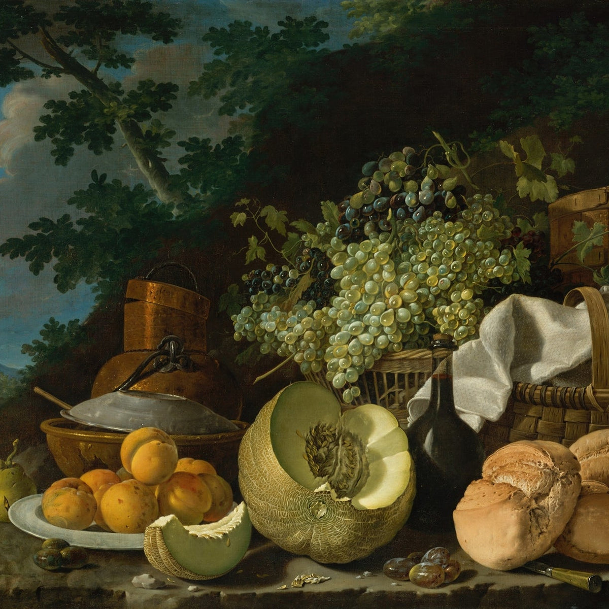 Still Life Oil Painting - Grapes, Melon and Bread - Oil Painting Haven