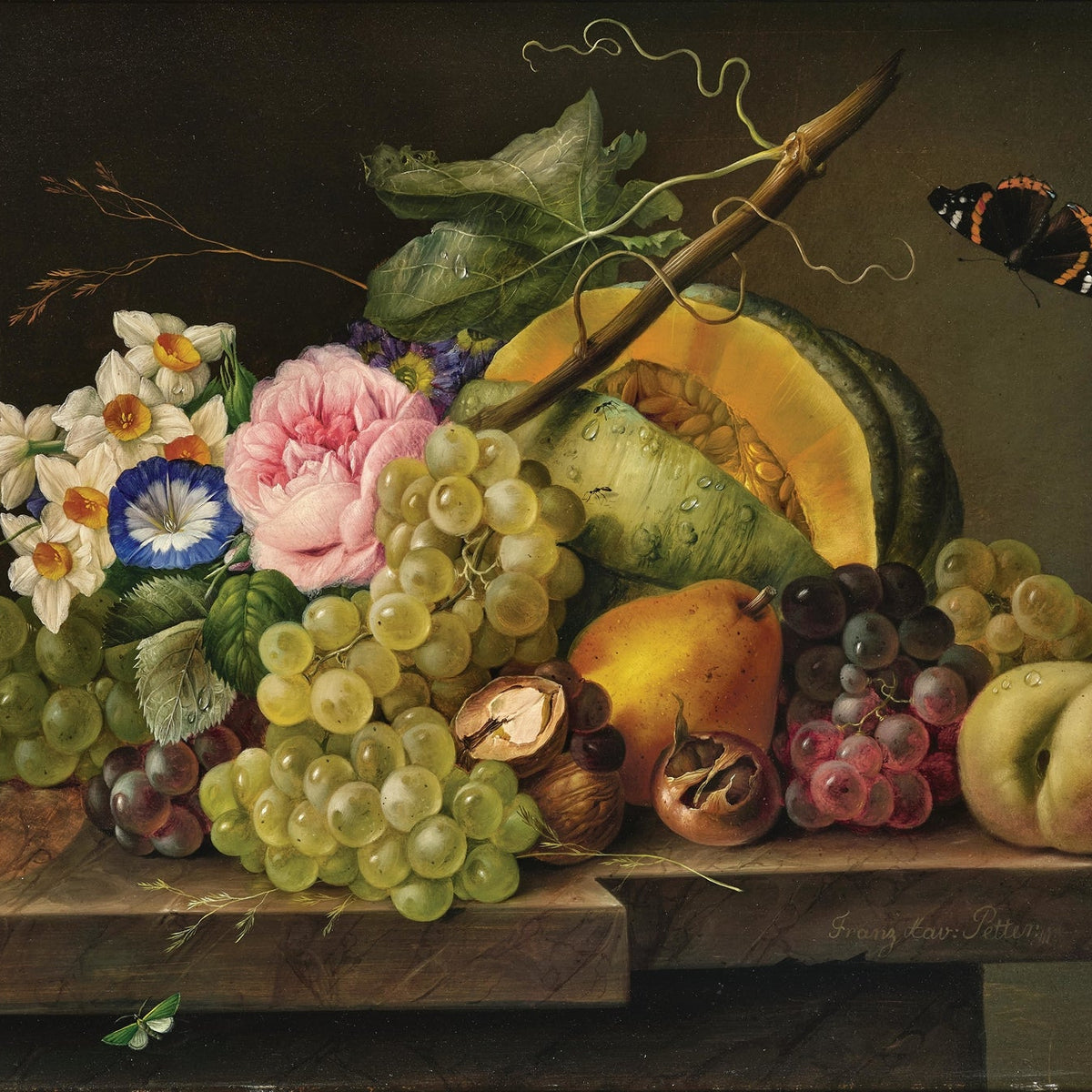 Still Life Oil Painting - Grapes, Melon and Flowers - Oil Painting Haven