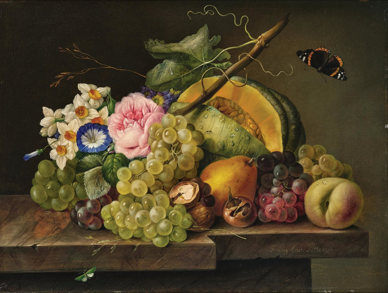 Still Life Oil Painting - Grapes, Melon and Flowers - Oil Painting Haven