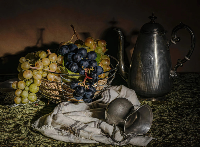 Still Life Oil Painting - Grapes, Metalware and Fabric - Oil Painting Haven