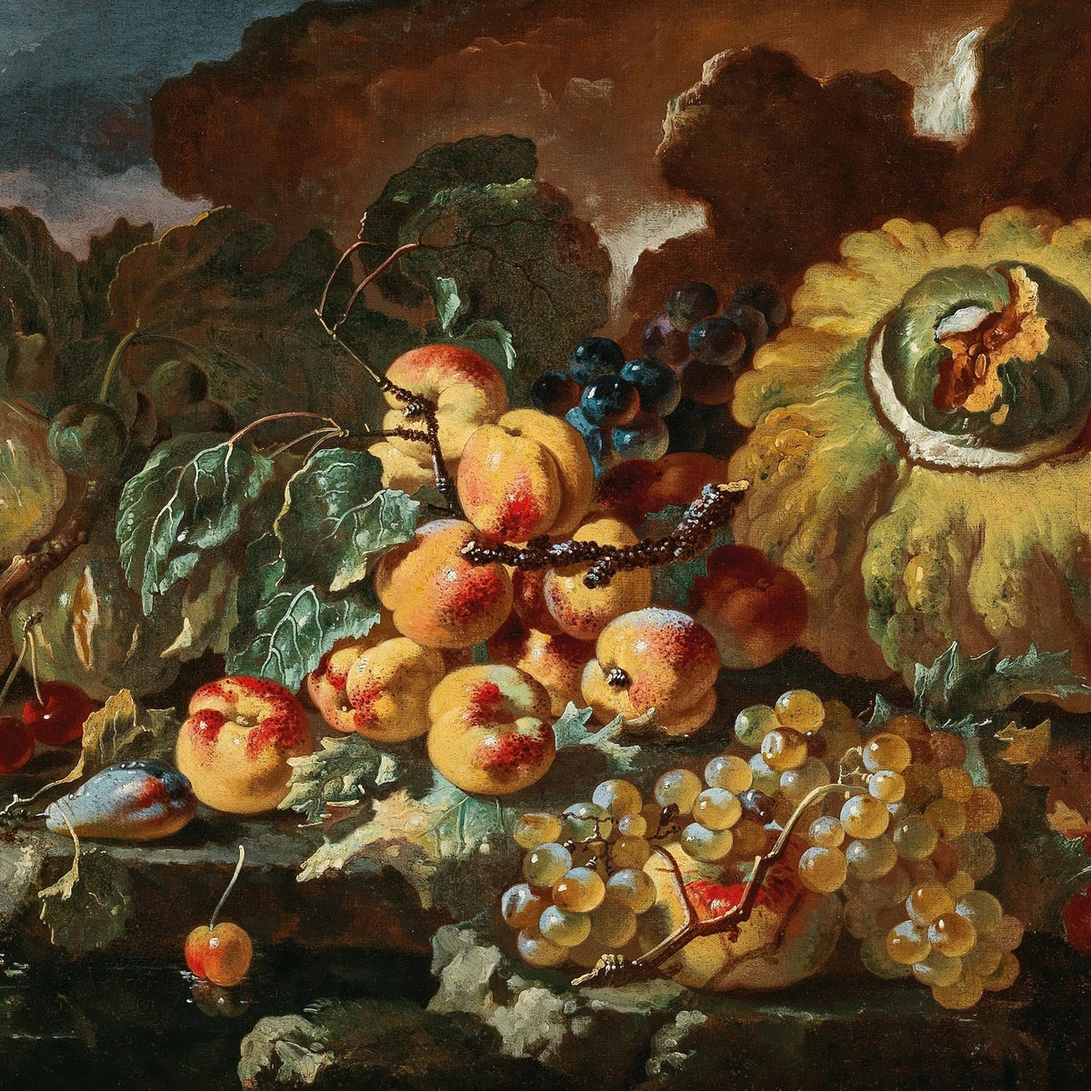 Still Life Oil Painting - Grapes, Peaches and Pumpkin - Oil Painting Haven