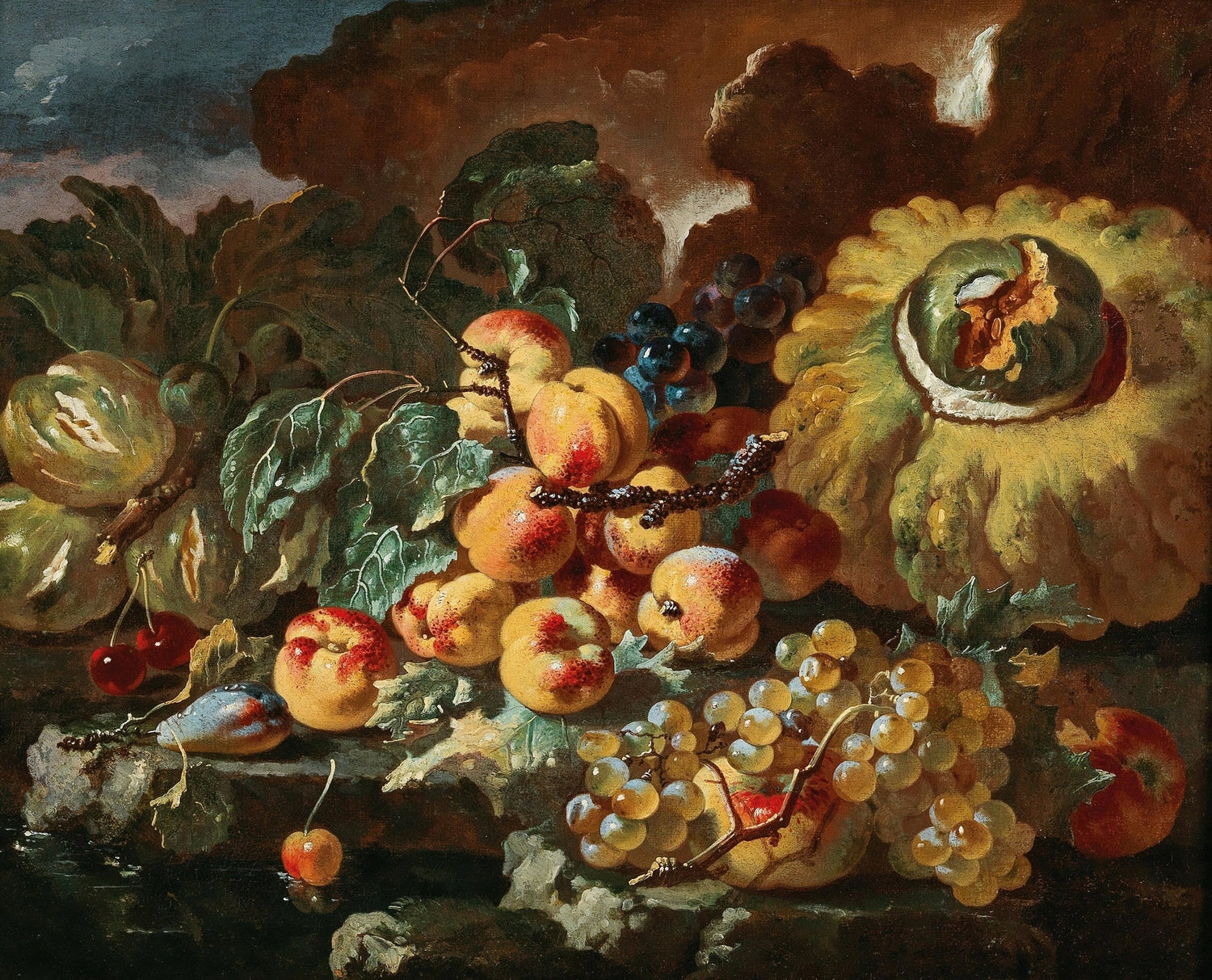 Still Life Oil Painting - Grapes, Peaches and Pumpkin - Oil Painting Haven