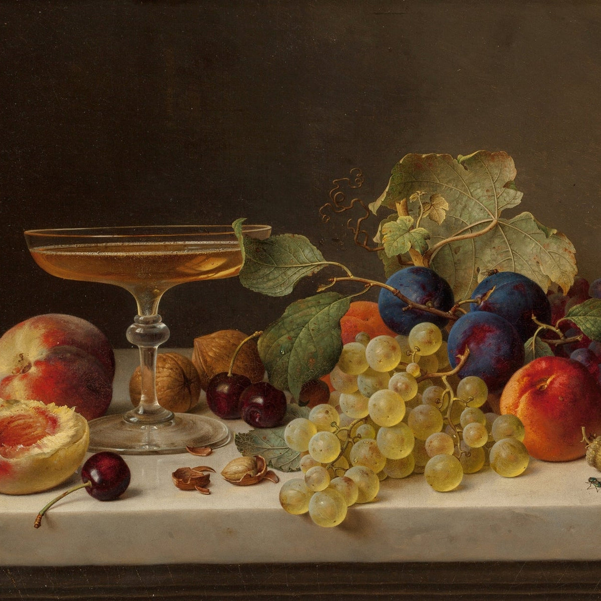 Still Life Oil Painting - Grapes, Peaches and Wine Glass - Oil Painting Haven