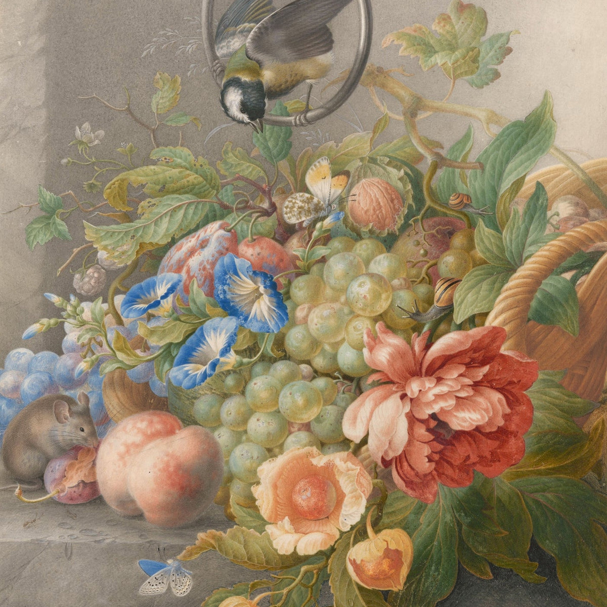 Still Life Oil Painting - Grapes, Peaches, Flowers and Bird - Oil Painting Haven