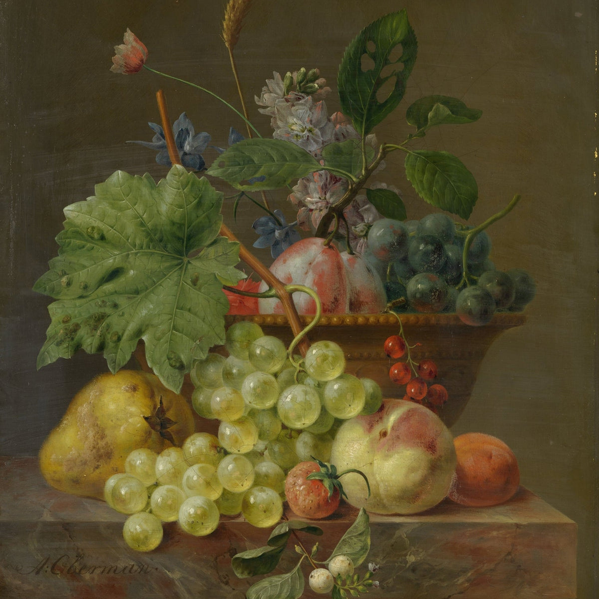 Still Life Oil Painting - Grapes, Pear and Garden Blooms - Oil Painting Haven
