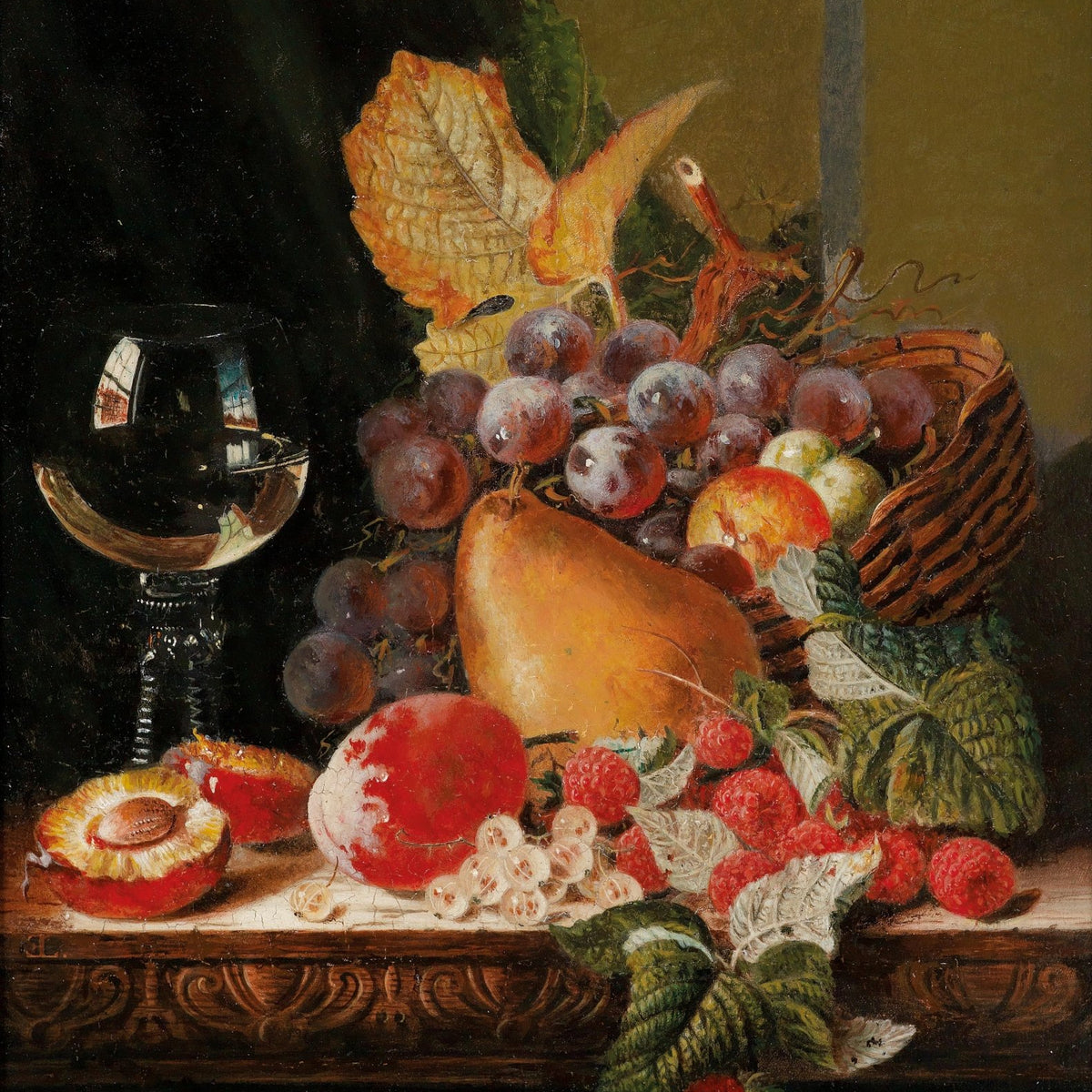 Still Life Oil Painting - Grapes, Pear and Wine Glass - Oil Painting Haven